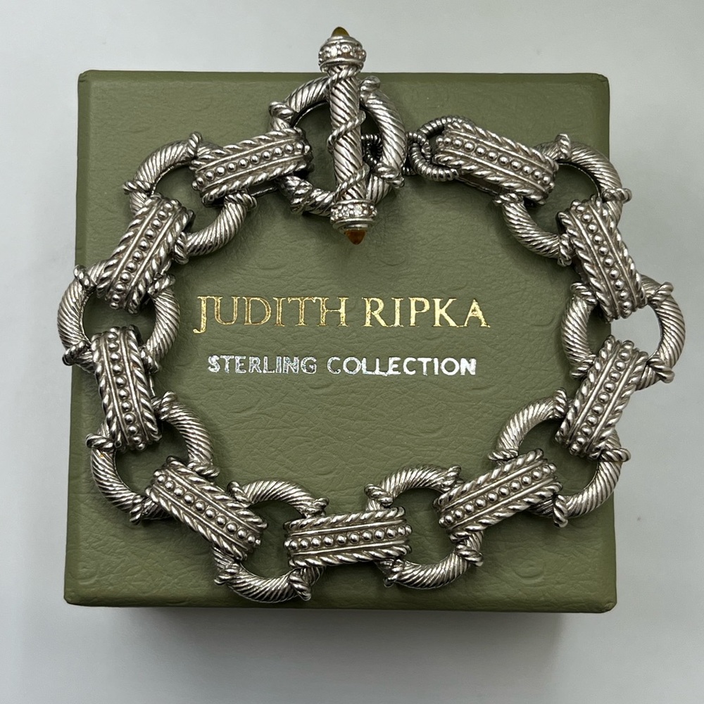 Judith Ripka Sterling Silver Textured Link Citrine Toggle 8.5” Bracelet